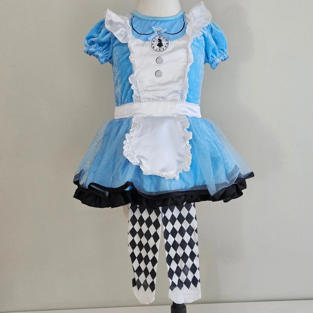 Disney Baby Alice in Wonderland Costume 12/18M Blue Velvet Tulle Set Check Legs